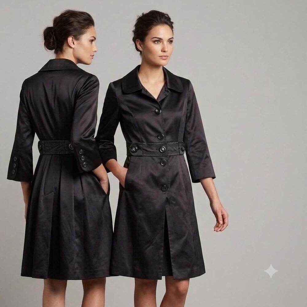 Jessica Simpson Black Satin Trench Coat/ Dress - Size Small (S)   chic academia